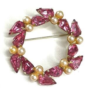 Vintage Brooch Pink Rhinestone HIGH END Vtg Estate Costume Jewelry Pin A16